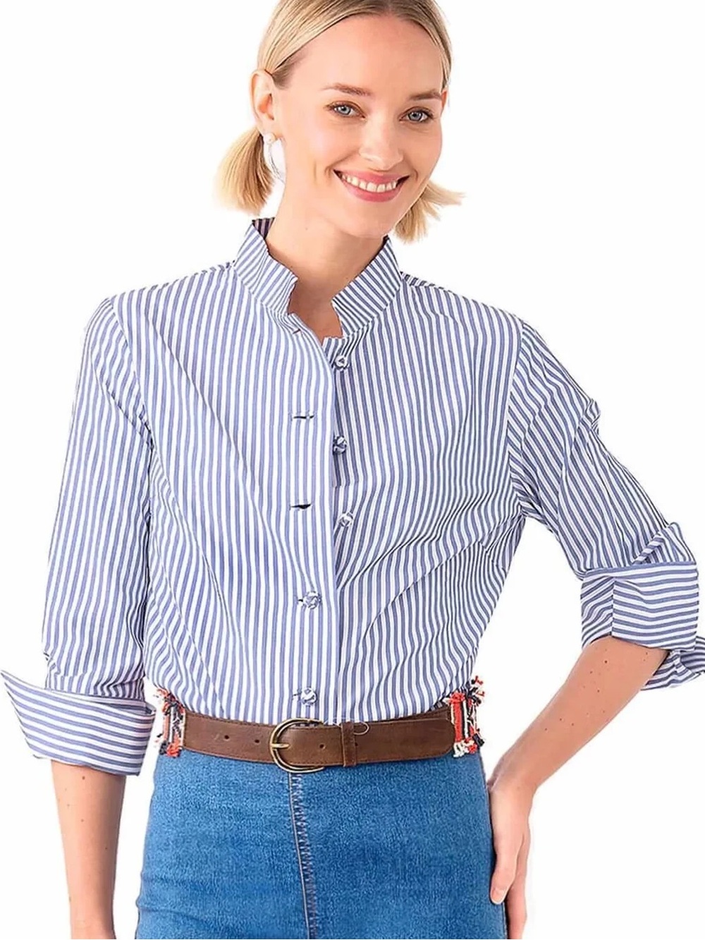 Gretchen Scott Designs Blue and White Striped Mandarin Collar Button-Down